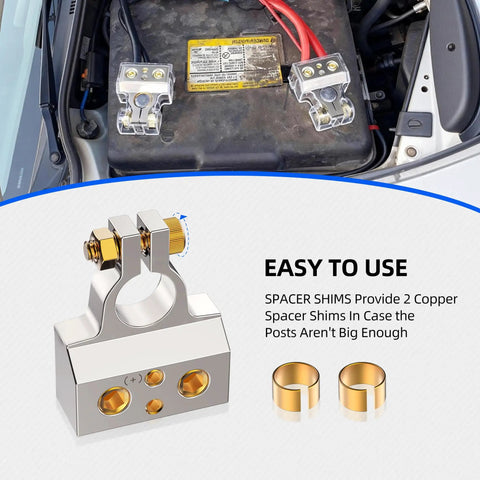 All-In-One Battery Terminal Hub For 12V Accessories With 0/2/4/6/8/10 AWG Capability, Zinc Alloy Post Connectors, Easy Install And No Splicing, Lets You Hook Up Car Audio, LED Light Bars, Winches And More, with spacer shims