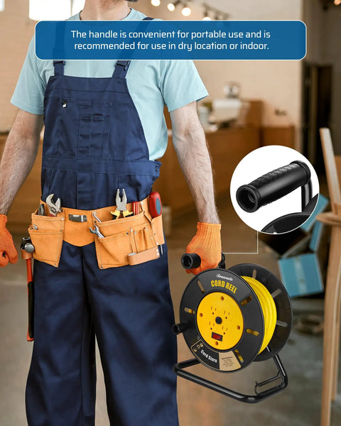 Worker holding Heavy Duty Extension Cord Reel With Four Grounded Outlets Open Retractable Cord Winder visible in workshop