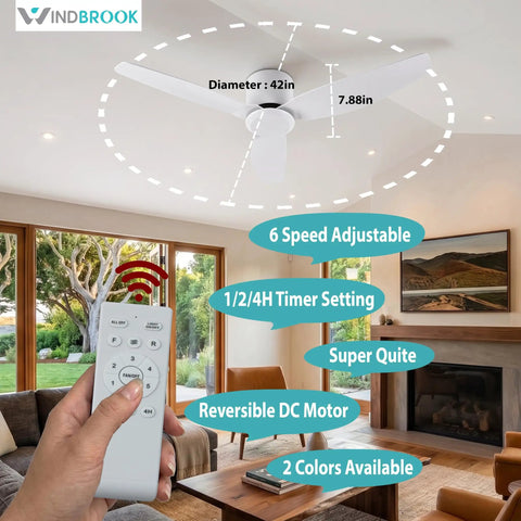 WINDBROOK Modern Ceiling Fan No Light, 42 Inch Black 3 Blade Ceiling Fan With Remote, in living room with remote.