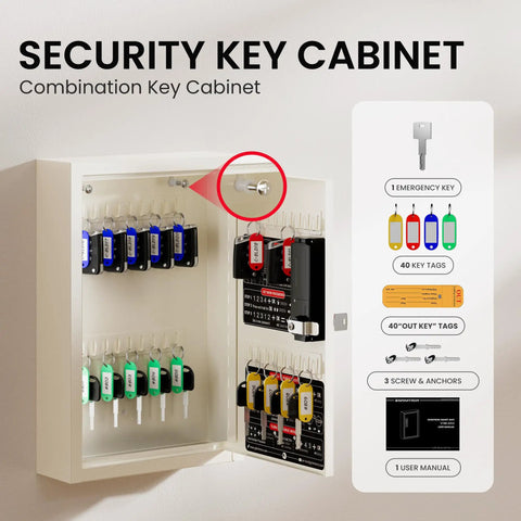 Secure Electronic Key Lock Box With 40 Solid Hooks Three Smart Access Modes Slick Beige Storage Cabinet with key tags and access panel.