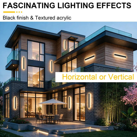 Aipsun 2 Packs Outdoor Wall Sconce, 3000K 4000K 6000K,23.6in modern black exterior light showcasing horizontal lighting effects.