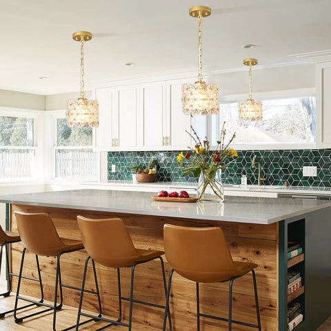 Modern kitchen with Dope Gold Crystal Pendant Light With Adjustable Cord over island table
