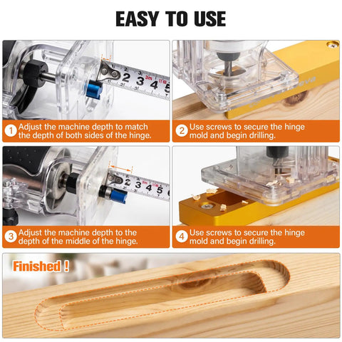 Premium Hidden Door Hinge Jig Kit And Concealed Hinge Installation Template For Murphy Doors and Secret Entrances in use with a wood piece.