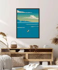 Framed Ocean Rowing Poster Canvas Print Art, Modern Minimalist Wall Decor hung in living room, showing serene sea and sky, Retro Framed 16x24 Ready to Hang.