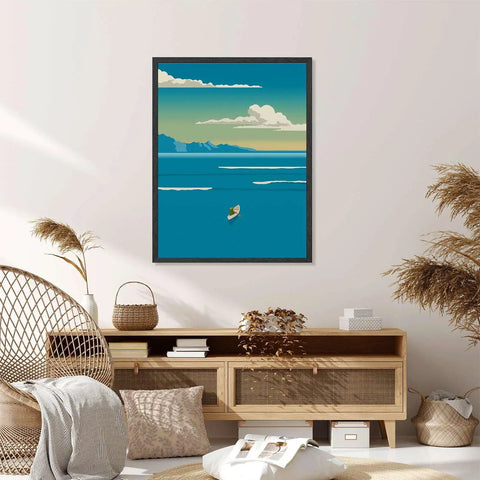 Framed Ocean Rowing Poster Canvas Print Art, Modern Minimalist Wall Decor hung in living room, showing serene sea and sky, Retro Framed 16x24 Ready to Hang.