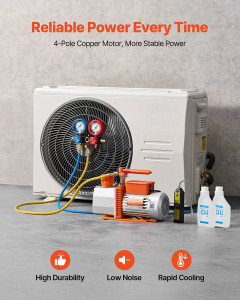 Pro Grade Heavy Duty AC Vacuum Pump And Gauge Kit With Leak Detector, Seven CFM Two Stage Rotary Vane HVAC Pump, Three Quarter HP, Compatible With R134a R22 R410a, Includes Carry Bag And Hose For Auto HVAC Air Conditioning Service, with pump and gauges
