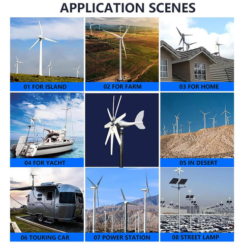 2000W Wind Turbine Generator Kit With Eight Blade Wind Power Generator 12V 24V 48V 220V Charge Controller MPPT shown in different applications