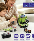 Child playing with 5 In 1 STEM Building Blocks Set With Remote Control Sports Car And Transform Robot, 591 pieces, on table