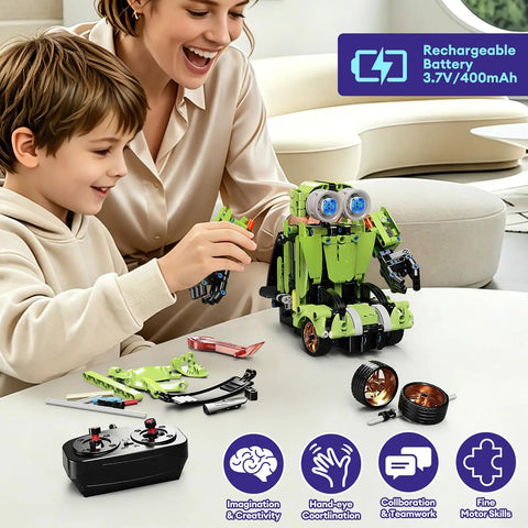 Child playing with 5 In 1 STEM Building Blocks Set With Remote Control Sports Car And Transform Robot, 591 pieces, on table