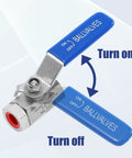 3/8 inch quick-connect valve kit high pressure with blue handle showing on-off directions for flow control.