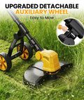 Cordless String Trimmer With Wheels, 14-Inch Cut, Dual 21V 3.0Ah Batteries, 750W Electric Weed Eater cutting grass with auxiliary wheel