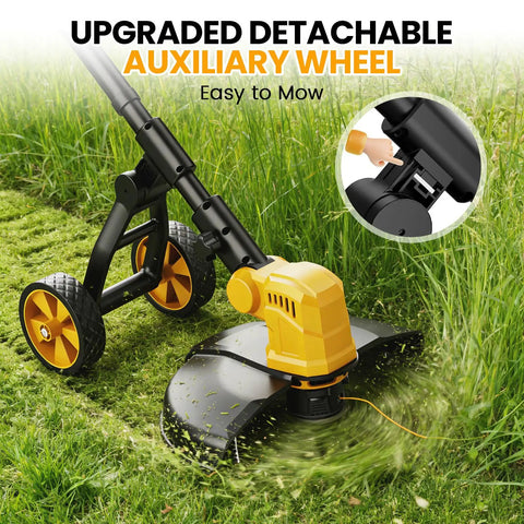Cordless String Trimmer With Wheels, 14-Inch Cut, Dual 21V 3.0Ah Batteries, 750W Electric Weed Eater cutting grass with auxiliary wheel