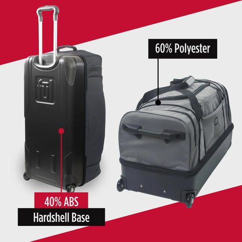 Front view of two FUL Workhorse 30-Inch rolling duffel bags with hardshell base; black and grey split-level luggage