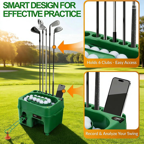 Automatic Golf Ball Dispenser And Tee Up Trainer for Driving Range displayed with golf clubs and phone holder on a sunny course.