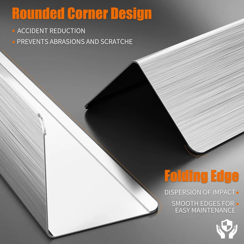 Built Tough 304 Stainless Steel Wall Corner Guards 2X2X48 Inch Metal Edge Protectors showing rounded corners and folding edge.