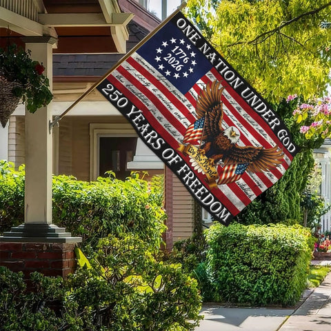 3 Ply 250th Anniversary USA Flag 3x5 Double Sided Outdoor Patriot Flag For 4th Of July We The People 1776 Decor Durable Polyester Weather Resistant With Brass Grommets Backyard Ready displayed on porch