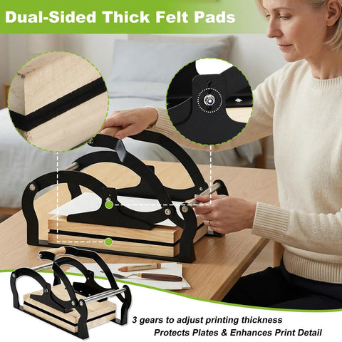 A4 Manual Lever Linocut Printing Press for 25mm thick blocks, reinforced frame, user adjusting rubber roller, felt pad detail.