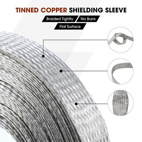 Tinned copper braided shielding sleeve for cables; flat mesh, 5/16 in wide, 28 ft length