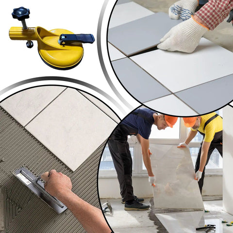 Floor Gap Fixer Tool For Tile And Stone Installations, Fast Leveling With A Strong Suction Cup shown in use on tiles and construction