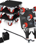 Heavy Duty Furniture Movers Dolly Kit With Double Bearings And Locking Wheels, 4 piece carbon steel dollies with gloves and lifting tool.