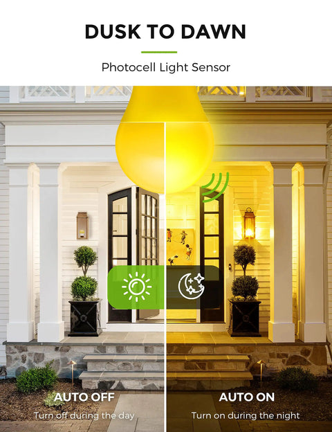 Dusk To Dawn Outdoor A19 Photocell Sensor LED Bulbs 9W 60 Watt Equivalent Daylight 5000K 900 Lumens No Fuss Auto On Off Porch Light E26 Base UL Listed 4 Pack Today illuminating porch at night