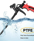 Heavy Duty Foam Gun For Caulking And Sealing with PTFE coating shown in water, highlighting easy clean feature, red and black design