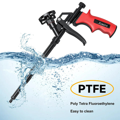 Heavy Duty Foam Gun For Caulking And Sealing with PTFE coating shown in water, highlighting easy clean feature, red and black design