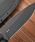 Close-up of the blade and sheath of the Fixed Blade Knife With AUS-10 Steel, Black Carbon Fiber Handle, Full Tang, And Sheath For Outdoor Camping And Hunting, 11.81 Inch Overall, 7.09 Inch Blade, Built Tough For Everyday Carry on a wooden surface.