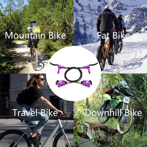 MTB Hydraulic Disc Brakes Set For Mountain Bikes, Purple Aluminum Calipers, shown with various bike types in use