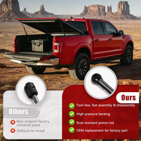 Heavy Duty 36 Inch Gas Struts Rock Solid Lift Support Springs For Tonneau Covers RV Camper Doors And Pickup Truck Beds Ultra Smooth Tailgate Helper Set Of Two shown on a red pickup truck with open bed.