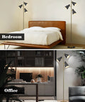 Dope Gold Tree Floor Lamp With Three Adjustable Rotating Lights beside a bed and a desk, showing versatility in bedroom and office settings.
