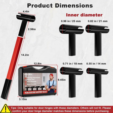 4 In 1 Door Hinge Adjustment Tool Kit With Rotary Gap Adjuster for Residential and Commercial Doors, dimensions displayed