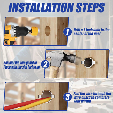 Installation steps showing Smart Shield Nail Guards For Wire And Cable Protection 100 Pack Heavy Duty Galvanized Steel Nail Protectors in wood.