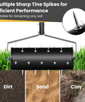 Beefy Rolling Lawn Aerator With Fillable Drum And 18 Inch Tine Spikes on grass, sand, and clay soils, metal handle visible
