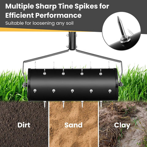 Beefy Rolling Lawn Aerator With Fillable Drum And 18 Inch Tine Spikes on grass, sand, and clay soils, metal handle visible