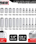 1/4-Inch Drive Metric Socket Set With 90-Tooth Ratchet And Magnetic Organizer, 28-Piece Deep And Shallow Sockets From 4mm To 14mm displayed
