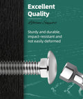 Close-up of Heavy-Duty 304 Stainless 1/4-20 Carriage Bolts from 60-Piece Kit next to hammer, highlighting durability for woodworking projects.