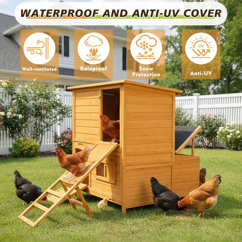 Wooden Chicken Coop For Backyard Living With Outdoor Hen House Design, Three Nesting Boxes, Removable Tray, Foldable Ramp