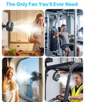 Magnetic Golf Cart Fan With Misting And 12000mAh Battery in kitchen, gym, ship cabin, and golf cart settings.