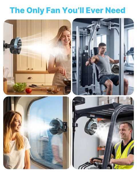 Magnetic Golf Cart Fan With Misting And 12000mAh Battery in kitchen, gym, ship cabin, and golf cart settings.