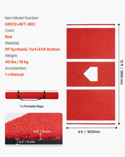 Baseball and Softball Batting Mat With Home Plate For Indoor Outdoor Practice, 12x6ft anti fade turf, portable, red mat details.