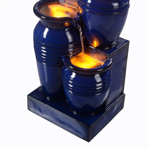 4 Tier Cascading Solar Powered Water Fountain With Navy Finish Illuminated By LED Lights Outdoor Garden Water Feature