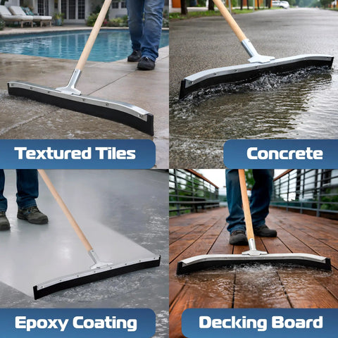 Curved Floor Squeegee 24 Inch With Rubber Blade For Garage Use on various surfaces: tiles, concrete, epoxy, decking board.