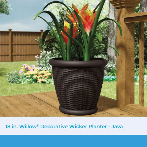 18 Inch Resin Wicker Planter For Indoor And Outdoor Use All American Style Durable Plastic Construction With Moisture Retention Brown Finish Weather Resistant Made In USA on patio