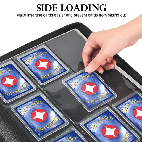 Hand inserting card into Premium PU Leather Top Loader Binder That Holds Up To 324 Cards With 18 Double Sided Pages And 9 Pockets Per Page Side Loading Ringless Card Album For 3 By 4 Inch Rigid Toploaders Ideal For Card Shows And Trades Black