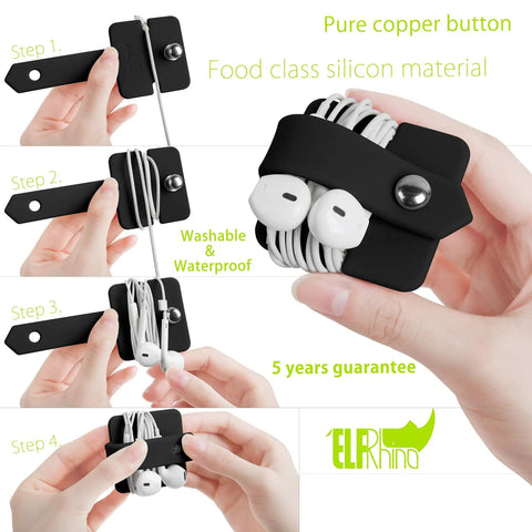Step-by-step guide for Black Silicone Headphone Case And Cable Organizer For Earbuds With copper button in use.