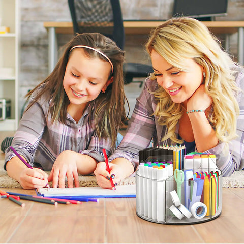 Woman and girl using Clear Acrylic Marker Organizer With 360 Degree Rotating Pencil And Crayon Holder, 250 Piece Set.