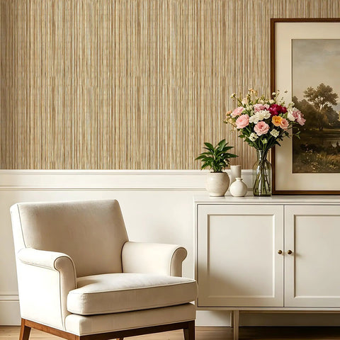 Super Slick Peel And Stick Grasscloth Wallpaper With Dead Simple Self Adhesive Backing For Modern Accent Walls And Apartment Rentals In Earthy Beige Tan Hues applied in a warm, stylish living room.