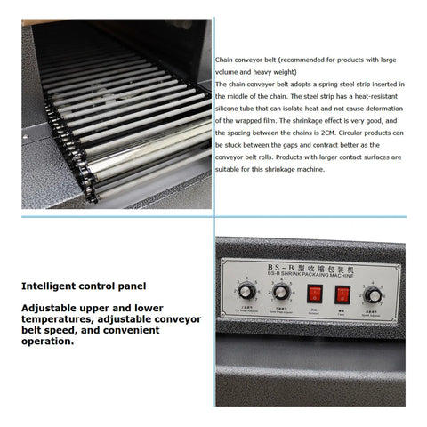 Heavy Duty Automatic Heat Shrink Tunnel Packaging Machine For Pof Pvc Film With Smooth Conveyor Belt And 4500W Motor close-up of control panel and conveyor belt.
