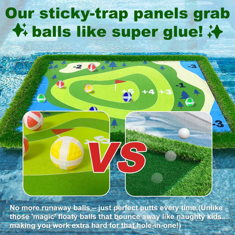 Floating Golf Green For Pool 35 By 24 Inch Chipping Green Practice Mat with colorful scoring zones and sticky-trap panels.